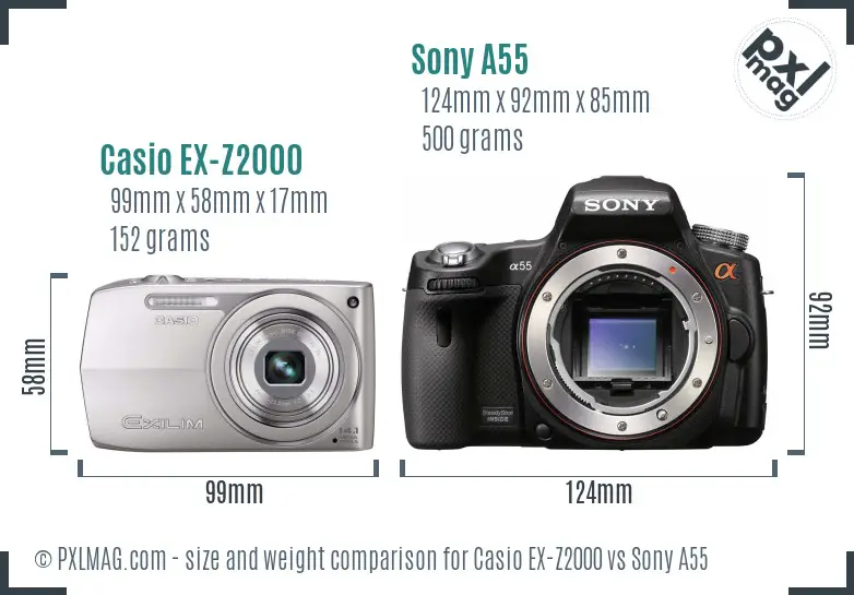 Casio EX-Z2000 vs Sony A55 size comparison