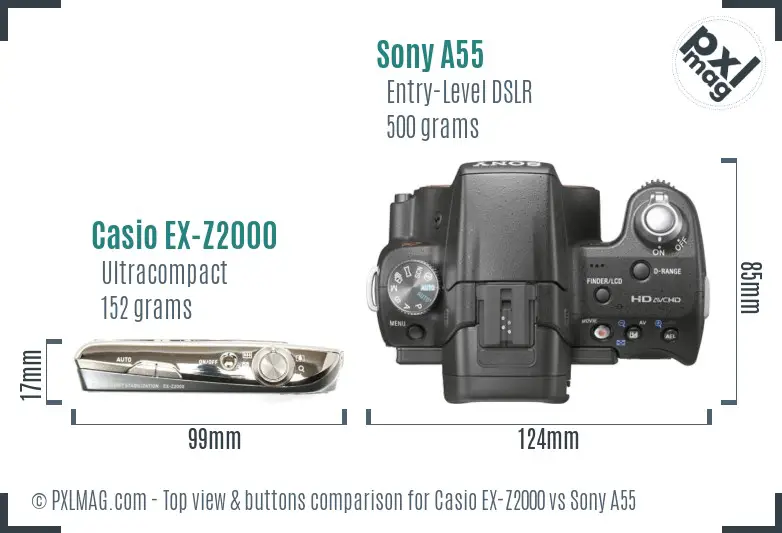 Casio EX-Z2000 vs Sony A55 top view buttons comparison