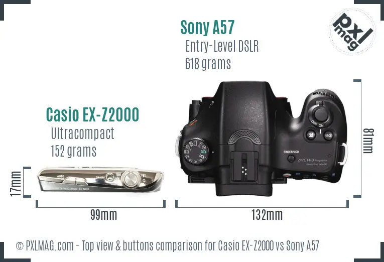 Casio EX-Z2000 vs Sony A57 top view buttons comparison Casio EX-Z2000 vs Sony A57 top view buttons comparison