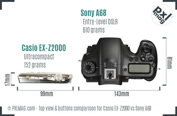 Casio EX-Z2000 vs Sony A68 top view buttons comparison Casio EX-Z2000 vs Sony A68 top view buttons comparison