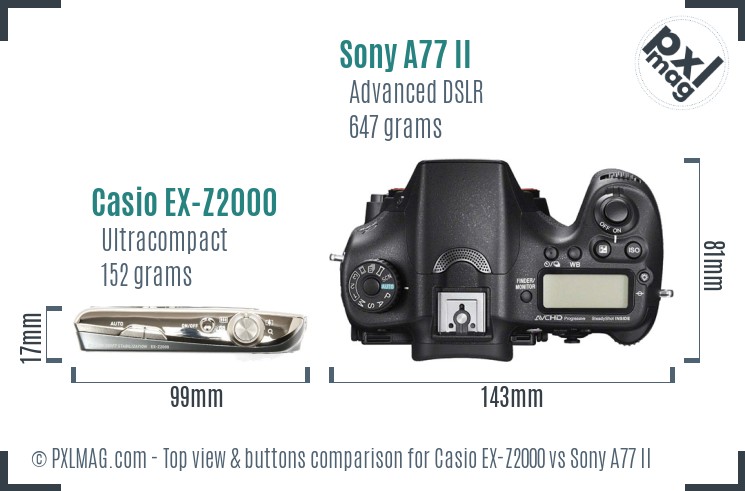 Casio EX-Z2000 vs Sony A77 II top view buttons comparison