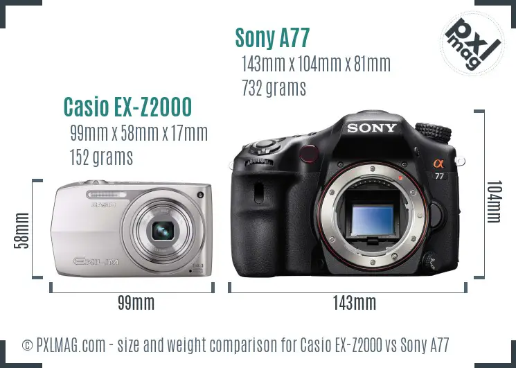 Casio EX-Z2000 vs Sony A77 size comparison