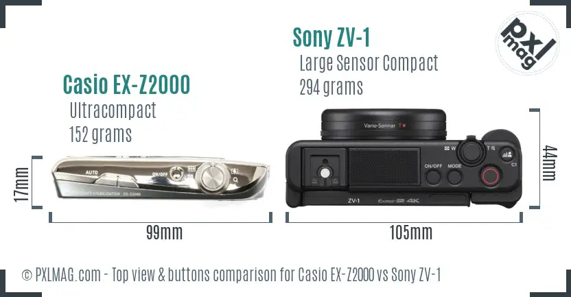 Casio EX-Z2000 vs Sony ZV-1 top view buttons comparison Casio EX-Z2000 vs Sony ZV-1 top view buttons comparison