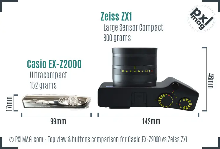 Casio EX-Z2000 vs Zeiss ZX1 top view buttons comparison Casio EX-Z2000 vs Zeiss ZX1 top view buttons comparison