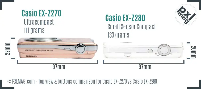 Casio EX-Z270 vs Casio EX-Z280 top view buttons comparison