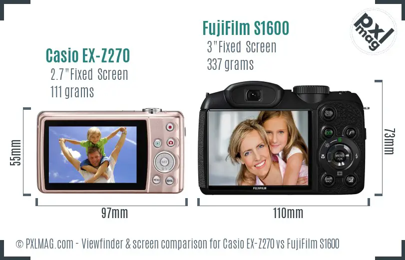 Casio EX-Z270 vs FujiFilm S1600 Screen and Viewfinder comparison