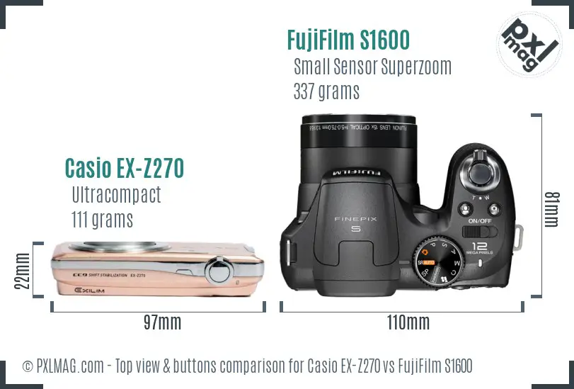 Casio EX-Z270 vs FujiFilm S1600 top view buttons comparison