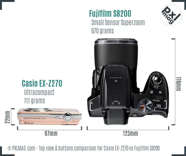 Casio EX-Z270 vs Fujifilm S8200 top view buttons comparison Casio EX-Z270 vs Fujifilm S8200 top view buttons comparison
