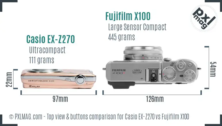 Casio EX-Z270 vs Fujifilm X100 top view buttons comparison