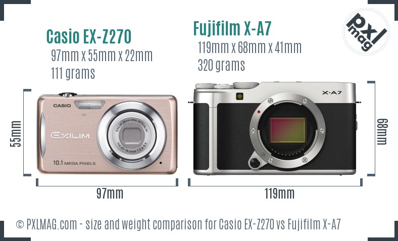 Casio EX-Z270 vs Fujifilm X-A7 size comparison