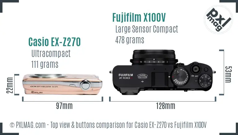 Casio EX-Z270 vs Fujifilm X100V top view buttons comparison