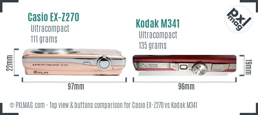 Casio EX-Z270 vs Kodak M341 top view buttons comparison Casio EX-Z270 vs Kodak M341 top view buttons comparison