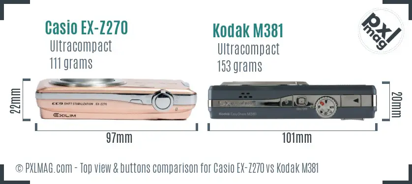 Casio EX-Z270 vs Kodak M381 top view buttons comparison Casio EX-Z270 vs Kodak M381 top view buttons comparison