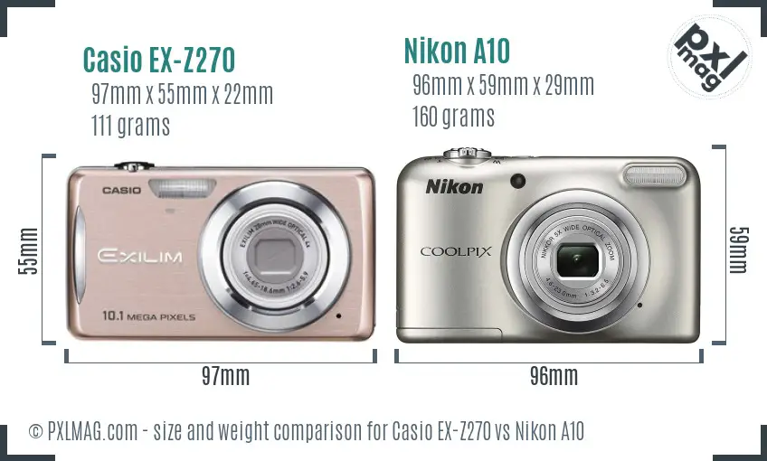 Casio EX-Z270 vs Nikon A10 size comparison