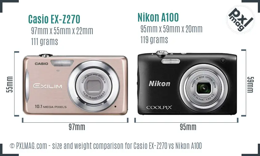 Casio EX-Z270 vs Nikon A100 size comparison