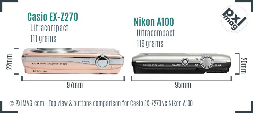 Casio EX-Z270 vs Nikon A100 top view buttons comparison