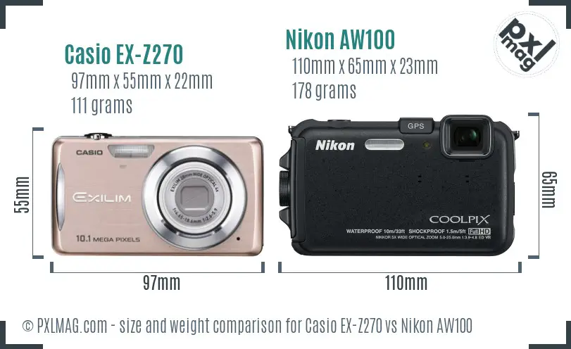 Casio EX-Z270 vs Nikon AW100 size comparison