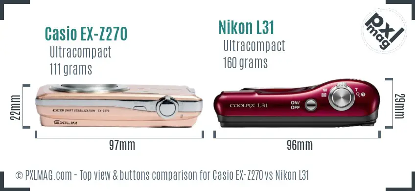 Casio EX-Z270 vs Nikon L31 top view buttons comparison