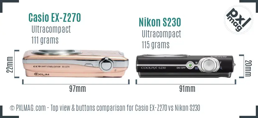 Casio EX-Z270 vs Nikon S230 top view buttons comparison Casio EX-Z270 vs Nikon S230 top view buttons comparison