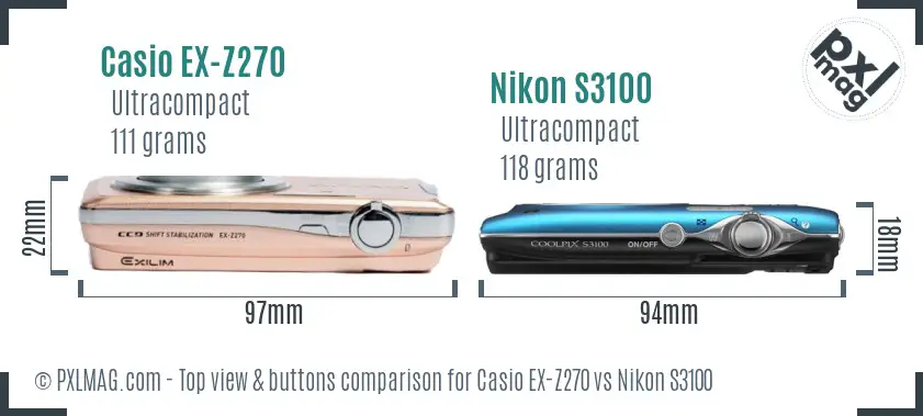 Casio EX-Z270 vs Nikon S3100 top view buttons comparison