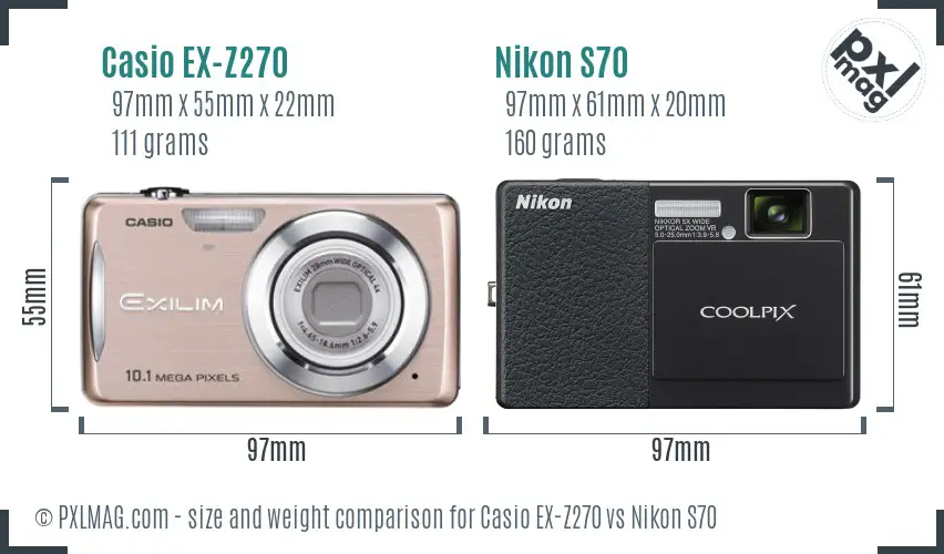 Casio EX-Z270 vs Nikon S70 size comparison