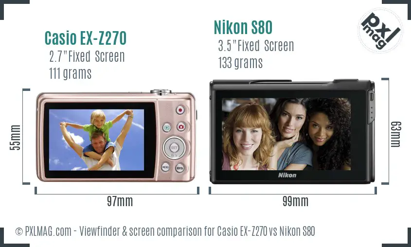 Casio EX-Z270 vs Nikon S80 Screen and Viewfinder comparison