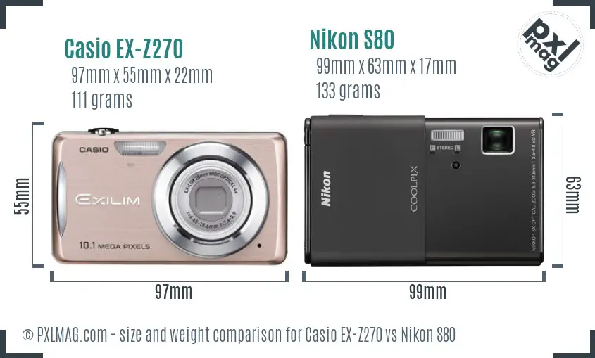Casio EX-Z270 vs Nikon S80 size comparison