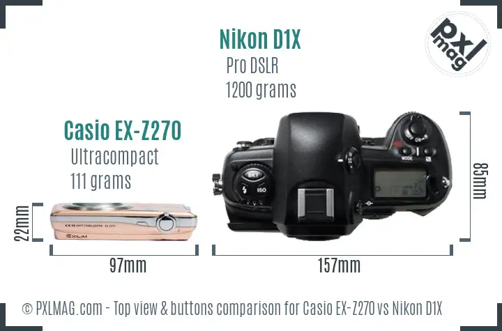 Casio EX-Z270 vs Nikon D1X top view buttons comparison