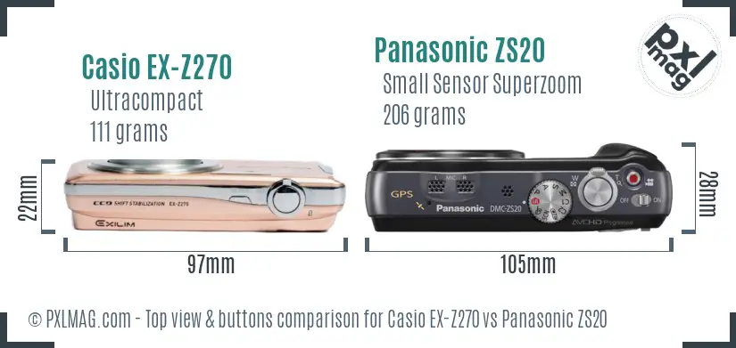 Casio EX-Z270 vs Panasonic ZS20 top view buttons comparison Casio EX-Z270 vs Panasonic ZS20 top view buttons comparison