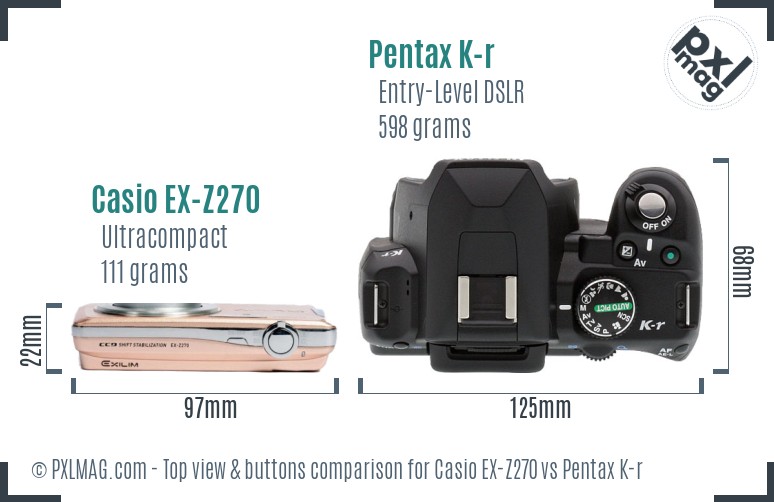 Casio EX-Z270 vs Pentax K-r top view buttons comparison