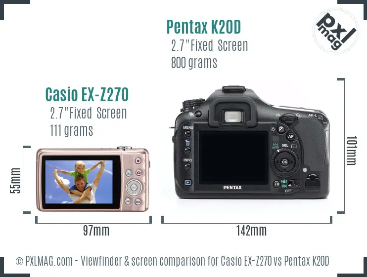 Casio EX-Z270 vs Pentax K20D Screen and Viewfinder comparison