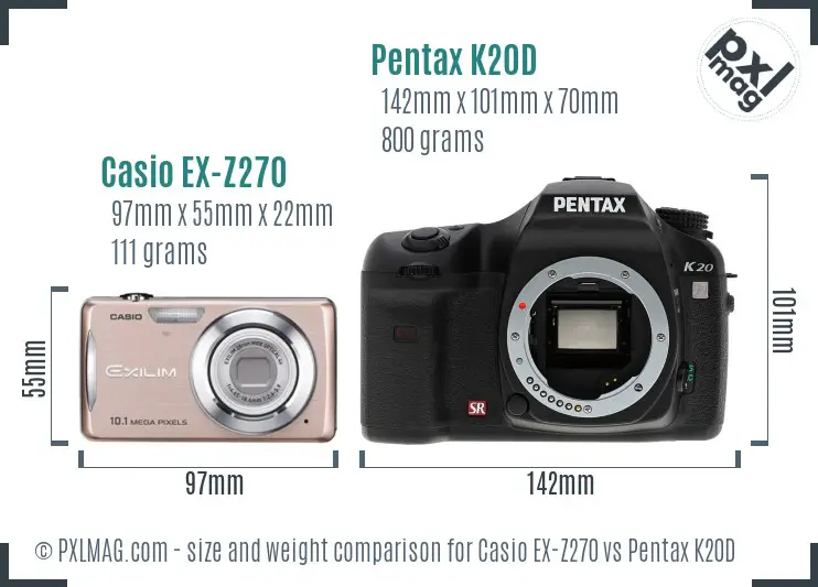 Casio EX-Z270 vs Pentax K20D size comparison