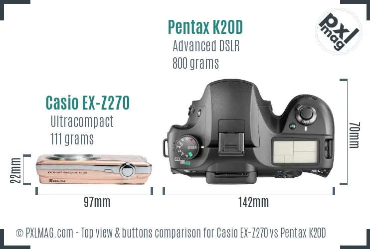 Casio EX-Z270 vs Pentax K20D top view buttons comparison