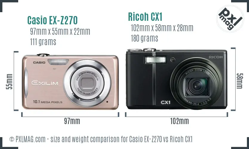 Casio EX-Z270 vs Ricoh CX1 size comparison