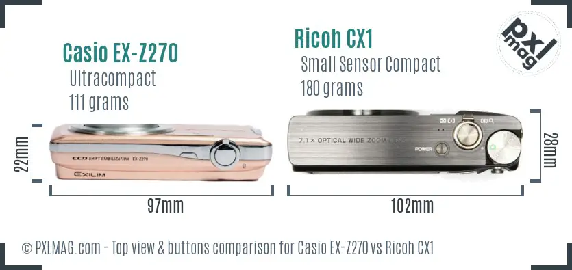 Casio EX-Z270 vs Ricoh CX1 top view buttons comparison