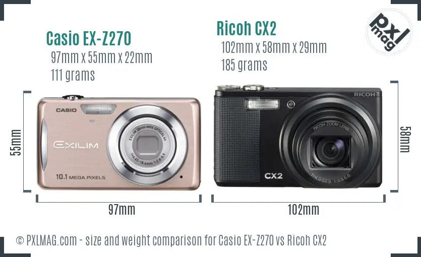 Casio EX-Z270 vs Ricoh CX2 size comparison Casio EX-Z270 vs Ricoh CX2 size comparison
