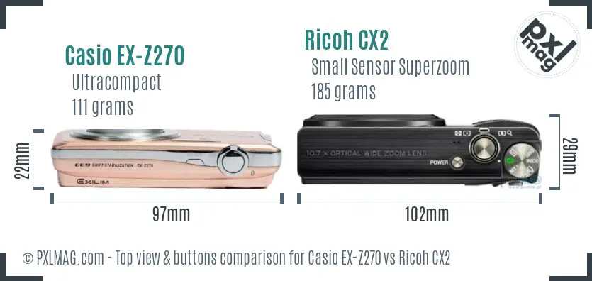 Casio EX-Z270 vs Ricoh CX2 top view buttons comparison