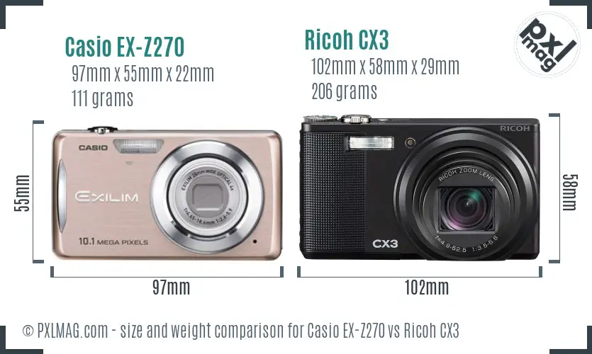 Casio EX-Z270 vs Ricoh CX3 size comparison