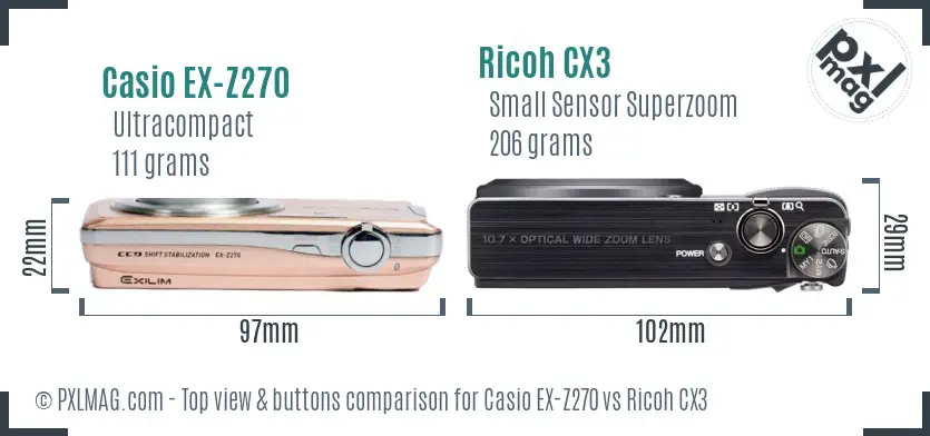 Casio EX-Z270 vs Ricoh CX3 top view buttons comparison