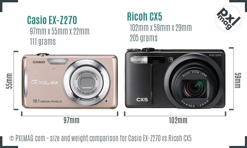 Casio EX-Z270 vs Ricoh CX5 size comparison