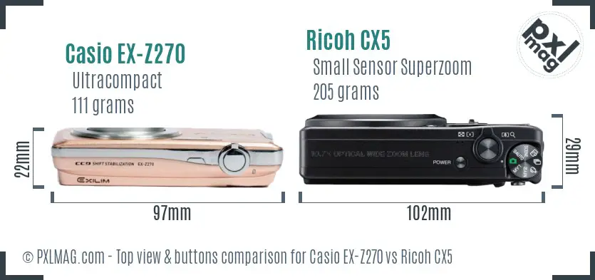 Casio EX-Z270 vs Ricoh CX5 top view buttons comparison