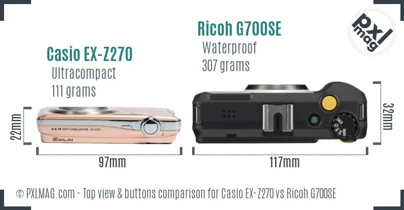 Casio EX-Z270 vs Ricoh G700SE top view buttons comparison Casio EX-Z270 vs Ricoh G700SE top view buttons comparison