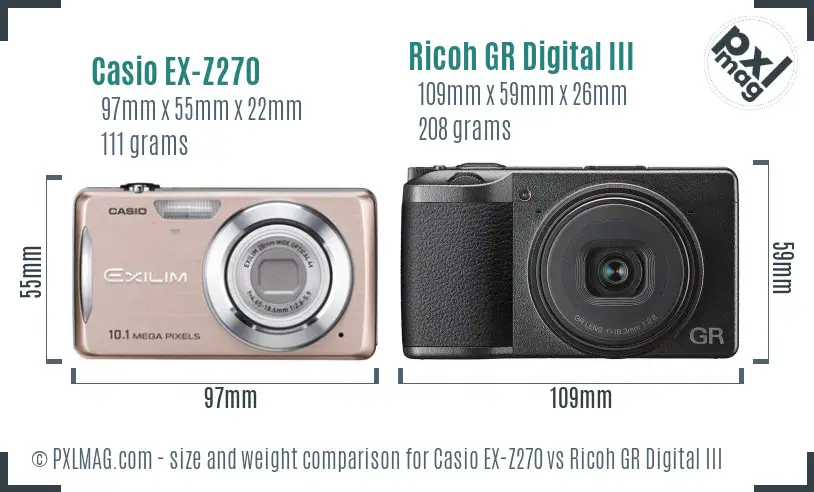 Casio EX-Z270 vs Ricoh GR Digital III size comparison