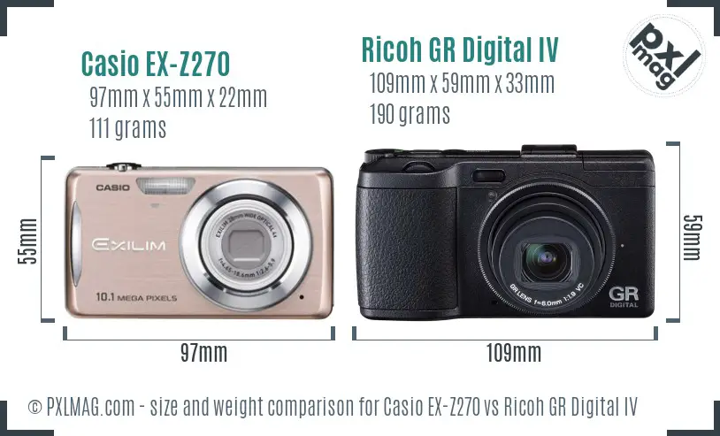 Casio EX-Z270 vs Ricoh GR Digital IV size comparison