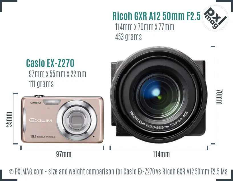 Casio EX-Z270 vs Ricoh GXR A12 50mm F2.5 Macro size comparison