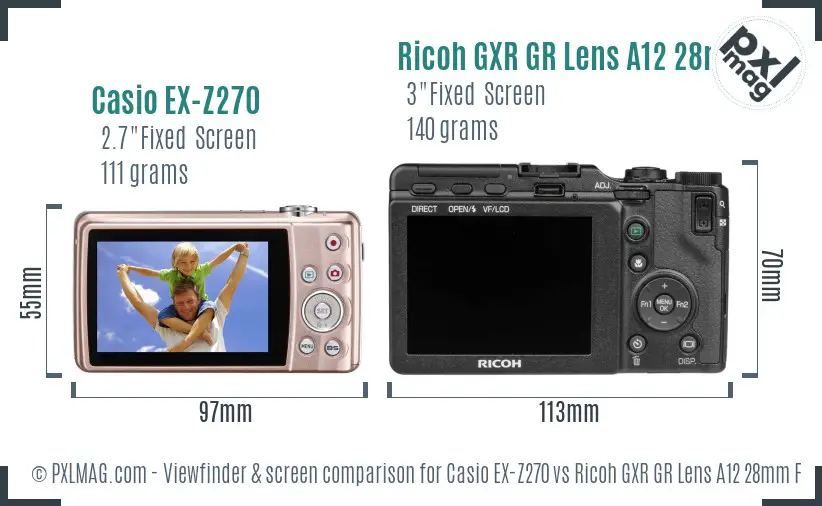 Casio EX-Z270 vs Ricoh GXR GR Lens A12 28mm F2.5 Screen and Viewfinder comparison Casio EX-Z270 vs Ricoh GXR GR Lens A12 28mm F2.5 Screen and Viewfinder comparison