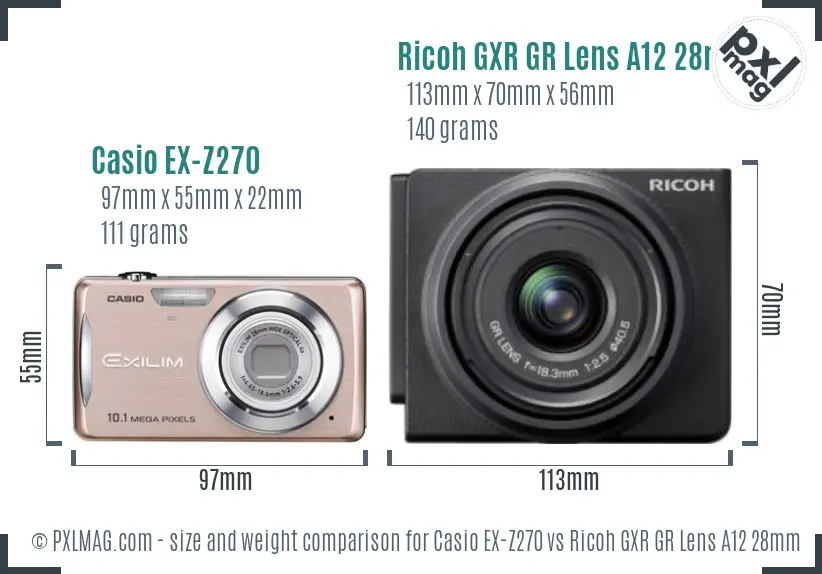 Casio EX-Z270 vs Ricoh GXR GR Lens A12 28mm F2.5 size comparison Casio EX-Z270 vs Ricoh GXR GR Lens A12 28mm F2.5 size comparison
