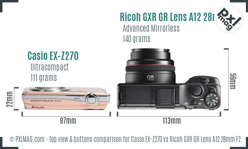 Casio EX-Z270 vs Ricoh GXR GR Lens A12 28mm F2.5 top view buttons comparison Casio EX-Z270 vs Ricoh GXR GR Lens A12 28mm F2.5 top view buttons comparison