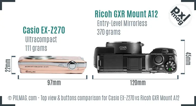Casio EX-Z270 vs Ricoh GXR Mount A12 top view buttons comparison
