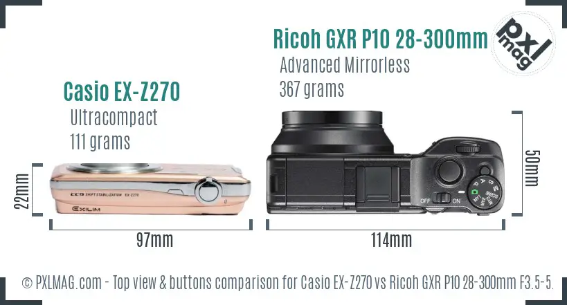 Casio EX-Z270 vs Ricoh GXR P10 28-300mm F3.5-5.6 VC top view buttons comparison